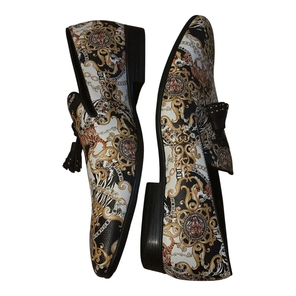 Aldo Mens Baroque Tiger Print Tassel Loafers Black Gold Slip On Shoes Size 10